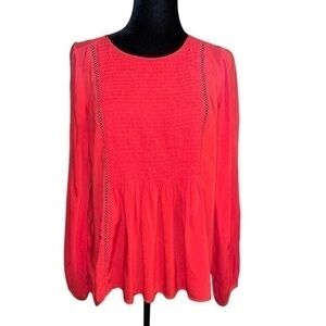 Express Coral Orange Peplum Long Sleeve Embroidered Sheer Shirt Blouse Size S